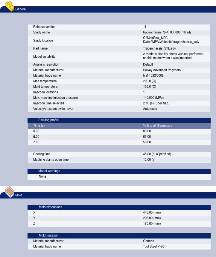 General Release version 11 Study name tragerchassis_244_03_008_16.sdy Study location C:\Moldflow_MPA-Daten\MPA\Webseite\tragerchassis_.sdy Part name Trägerchassis_STL.adv Model suitability A model suitability check was not performed on this model when it was imported. Analysis resolution Default Material manufacturer Solvay Advanced Polymers Material trade name Ixef 1022/0008 Melt temperature 290.0 (C) Mold temperature 155.0 (C) Injection locations 1 Max. machine injection pressure 140.000 (MPa) Injection time selected 2.10 (s) (Specified) Velocity/pressure switch-over Automatic Packing profile Time (s) % End of fill pressure 0.00 80.00 6.00 65.00 2.00 50.00 Cooling time 45.00 (s) (Specified) Machine clamp open time 12.00 (s)  Model warnings None Mold Mold dimensions X 446.00 (mm) Y 296.00 (mm) Z 170.00 (mm) Mold material Material manufacturer Generic Material trade name Tool Steel P-20